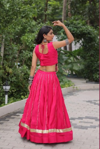 Pink Roman Silk Lehenga with Mirror Work and Gota Lace